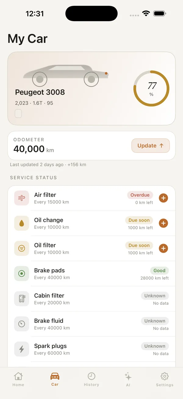 My car screen with service status